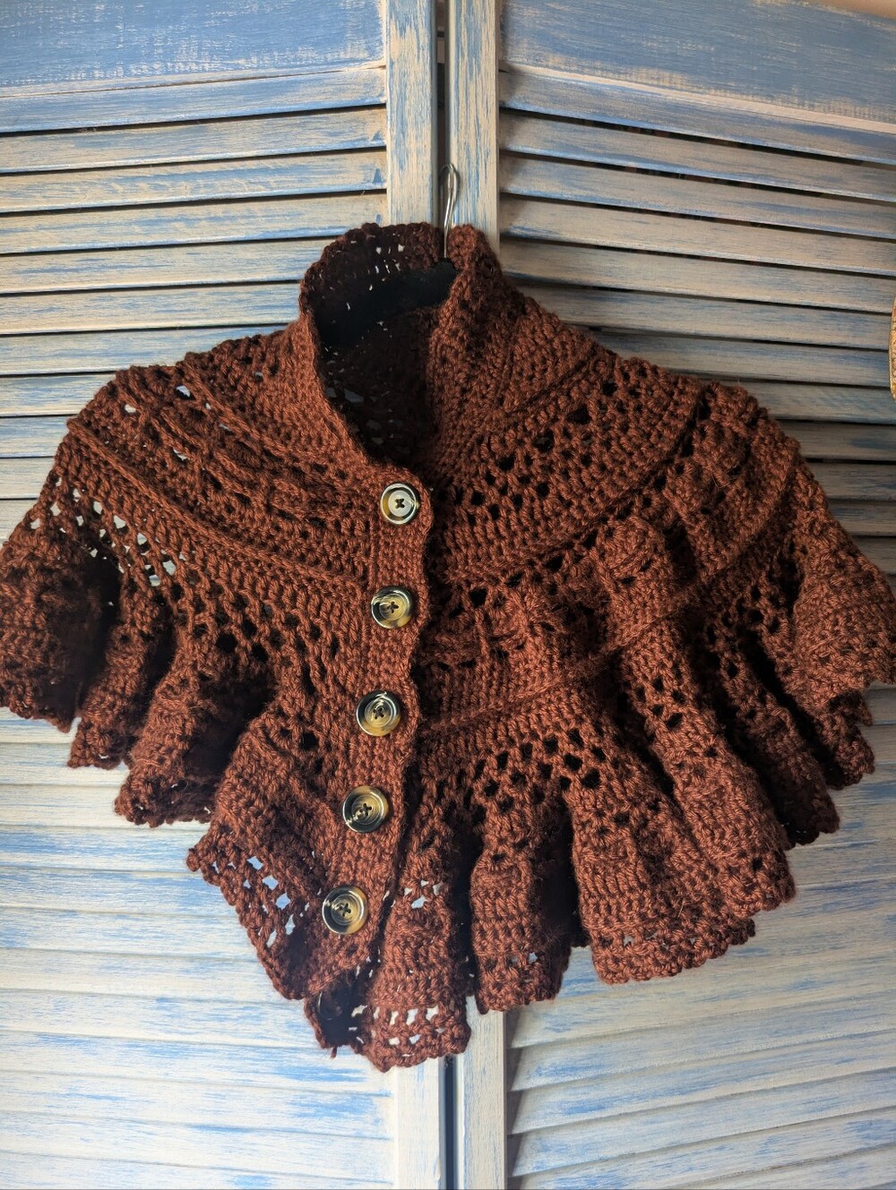 Handmade Crocheted Ruffle Capelet - Rich Brown